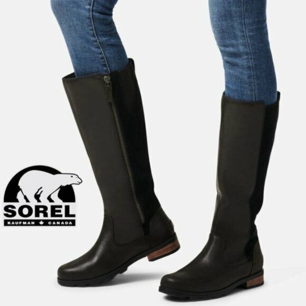 Sorel Emelie Black Suede and Leather Waterproof Zipper Tall Boots. Women's 9.5